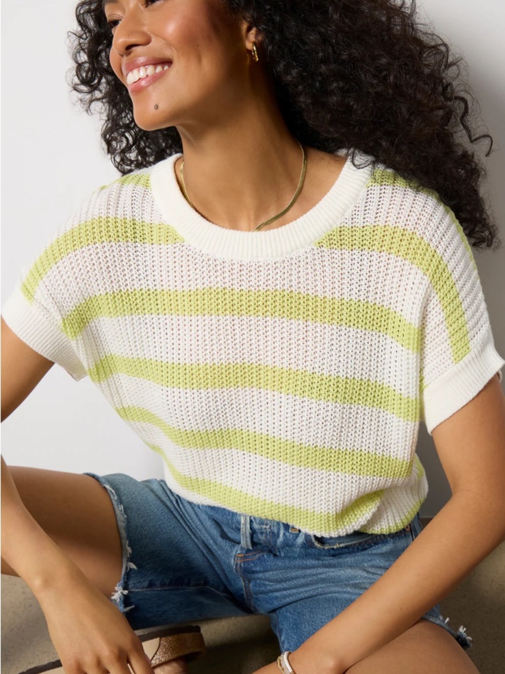 Evereve Striped Knit Short Sleeve Sweater - Keylime & White